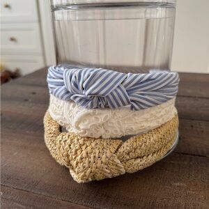 3 Summer Headbands for $6 Total, Blue & White Striped, Eyelet, Rattan / Straw